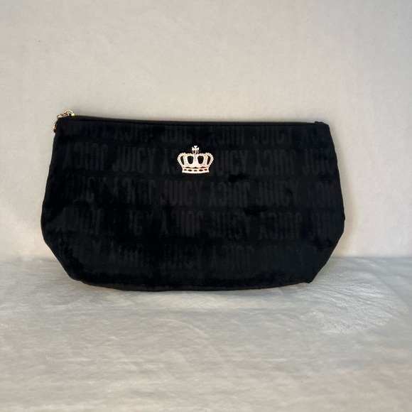 Juicy Couture Zip Travel Pouch Black Monogram Print w/ Rose Gold Zipper & Crown - Picture 1 of 6